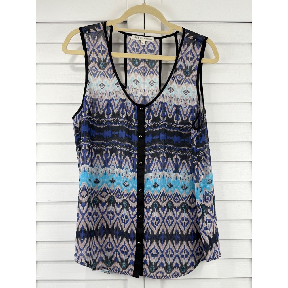 Daniel Rainn Tank Top XL Blue Ikat Geometric Sheer Racerback Blouse